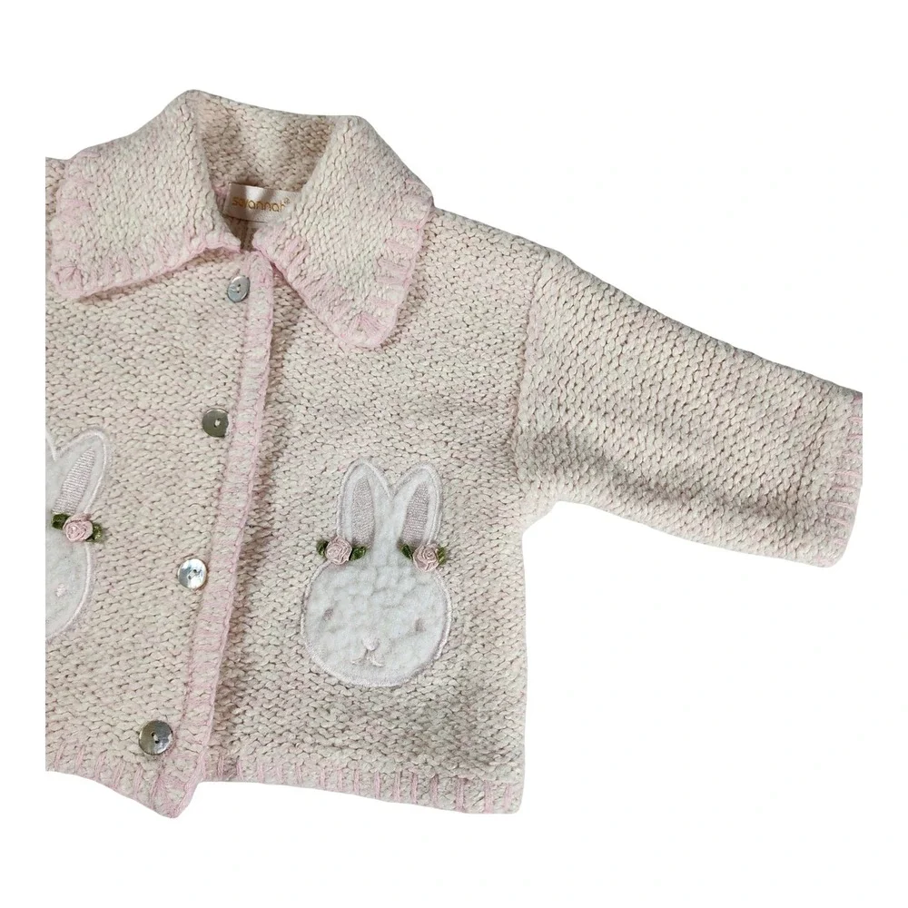 Vintage Savannah Baby Pink Cream Knit Bunny Cardigan Sweater 6/12‎ Months